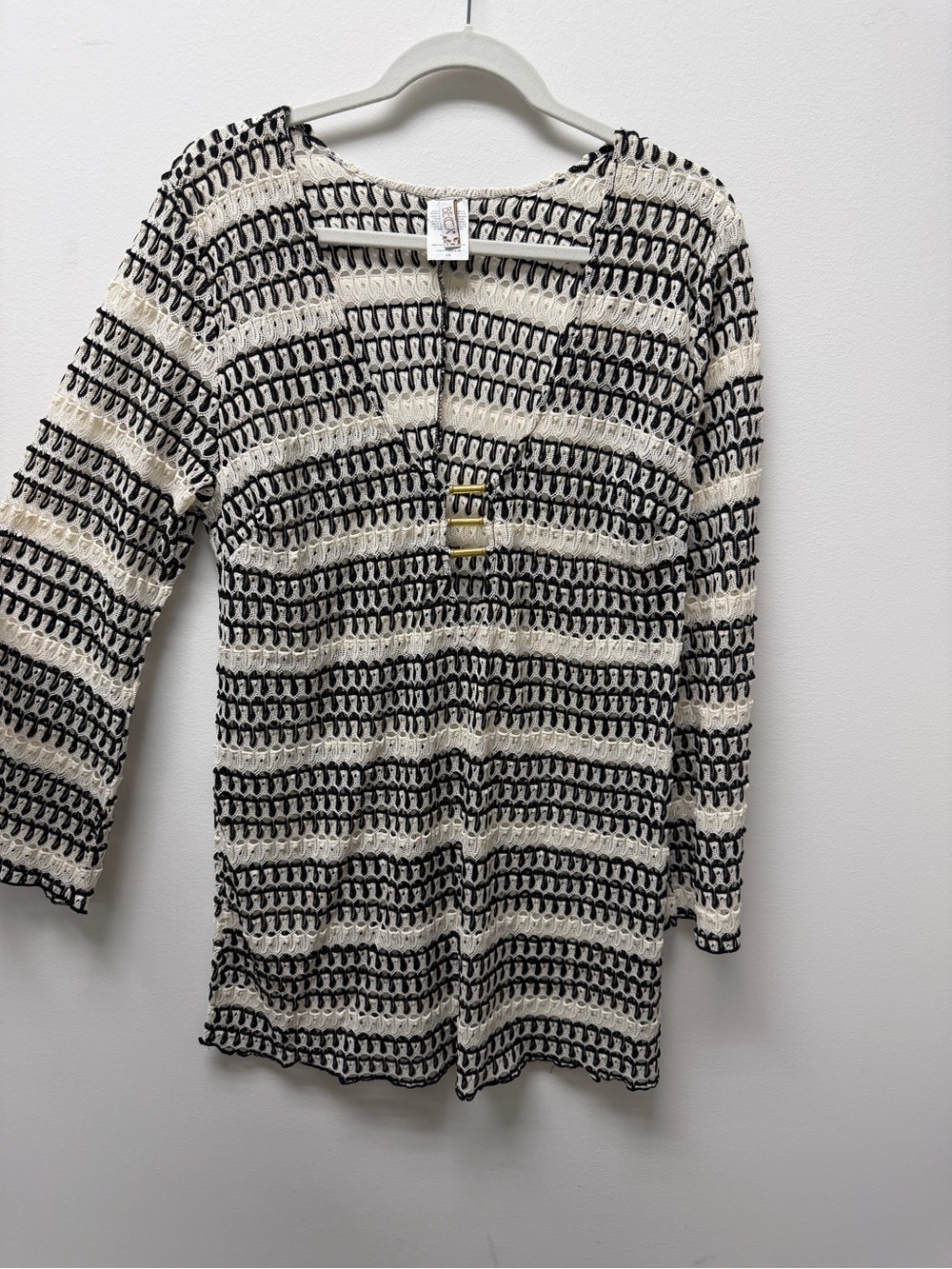 BECCA Black & Cream Crochet Openwork Cardigan with Gold-Bar Closures